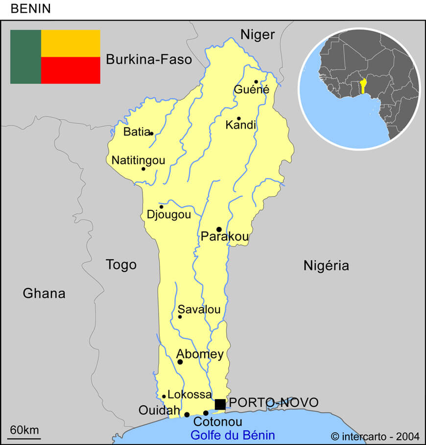 Carte du Bénin montrant les 12 départements du Bénin
