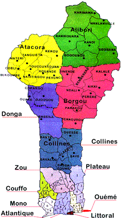 Carte du Bénin montrant les 12 départements et villes du Bénin